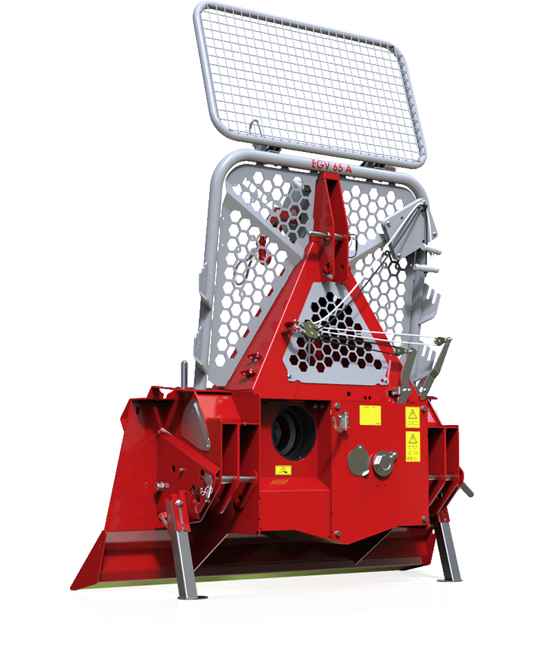 Red and silver forestry mulcher with a protective screen, designed for land clearing.