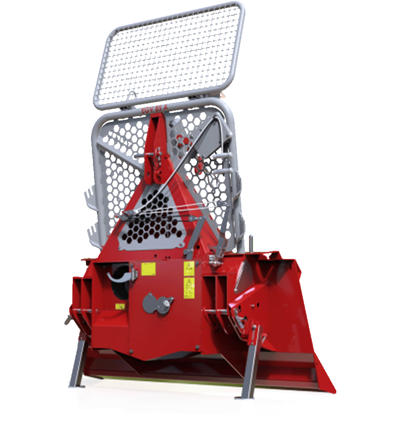 Red and gray forestry mulcher with protective cage, designed for land clearing.