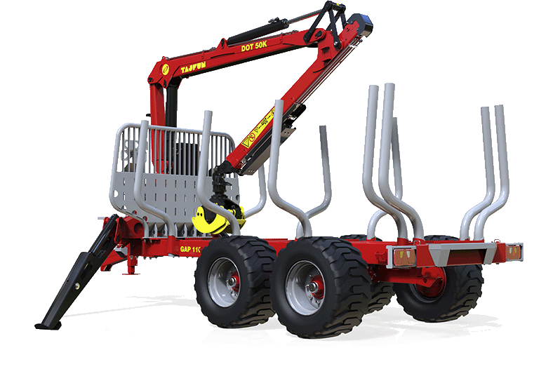 Red and gray forestry trailer with crane, carrying arms, and large tires on a white background.