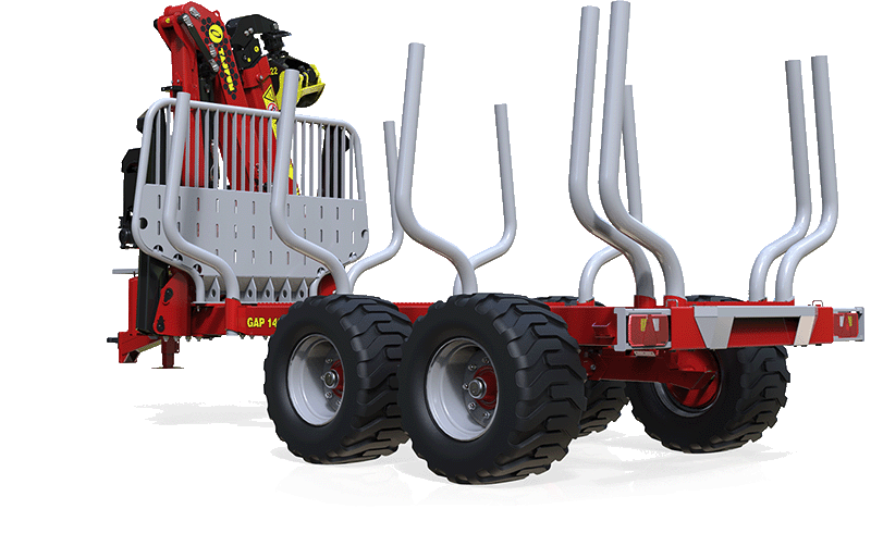 Red and silver timber trailer with tires, crane, and protective bars.
