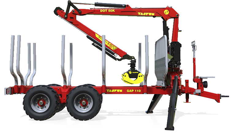 Red logging trailer with a crane lifting a yellow grapple in a forest setting.