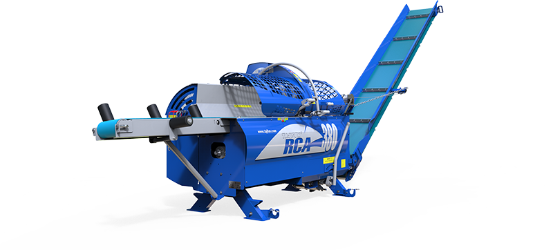 Blue and silver industrial machine with a conveyor belt, likely a wood chipper.