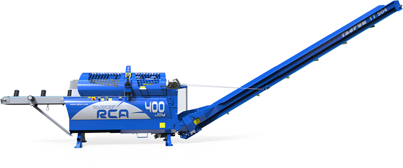 Blue RCA 400 recycling machine with conveyor belt.