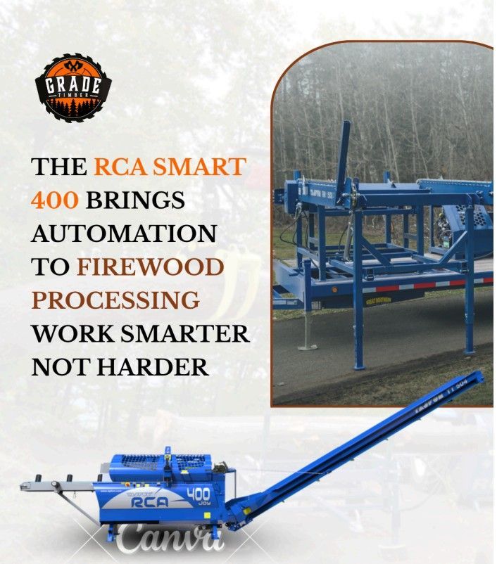 Promotional flyer for RCA Smart 400 firewood processor. Blue machine on a trailer, text about automation.