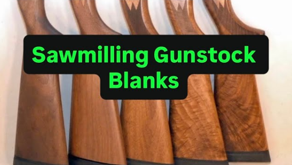 Five gunstock blanks in various shades of brown. Text overlay: