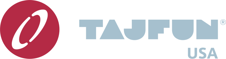 Logo for Tajfun USA, featuring a red circle with a white stylized 'O' and the company name in blue.