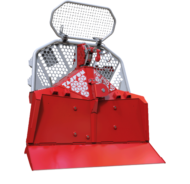 Red forestry mulcher with protective cage.