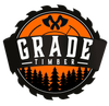 Logo for Grade Timber, featuring axes, a saw blade, and a forest silhouette, in orange and black.