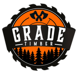 Logo for Grade Timber, featuring axes, a saw blade, and a forest silhouette, in orange and black.