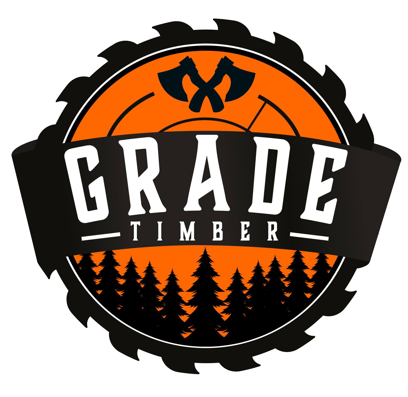 Logo for Grade Timber, featuring axes, a saw blade, and a forest silhouette, in orange and black.