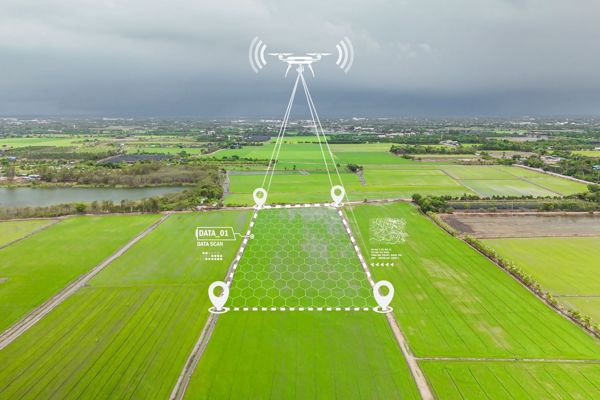 Drone surveying green agricultural fields, with digital data overlay.