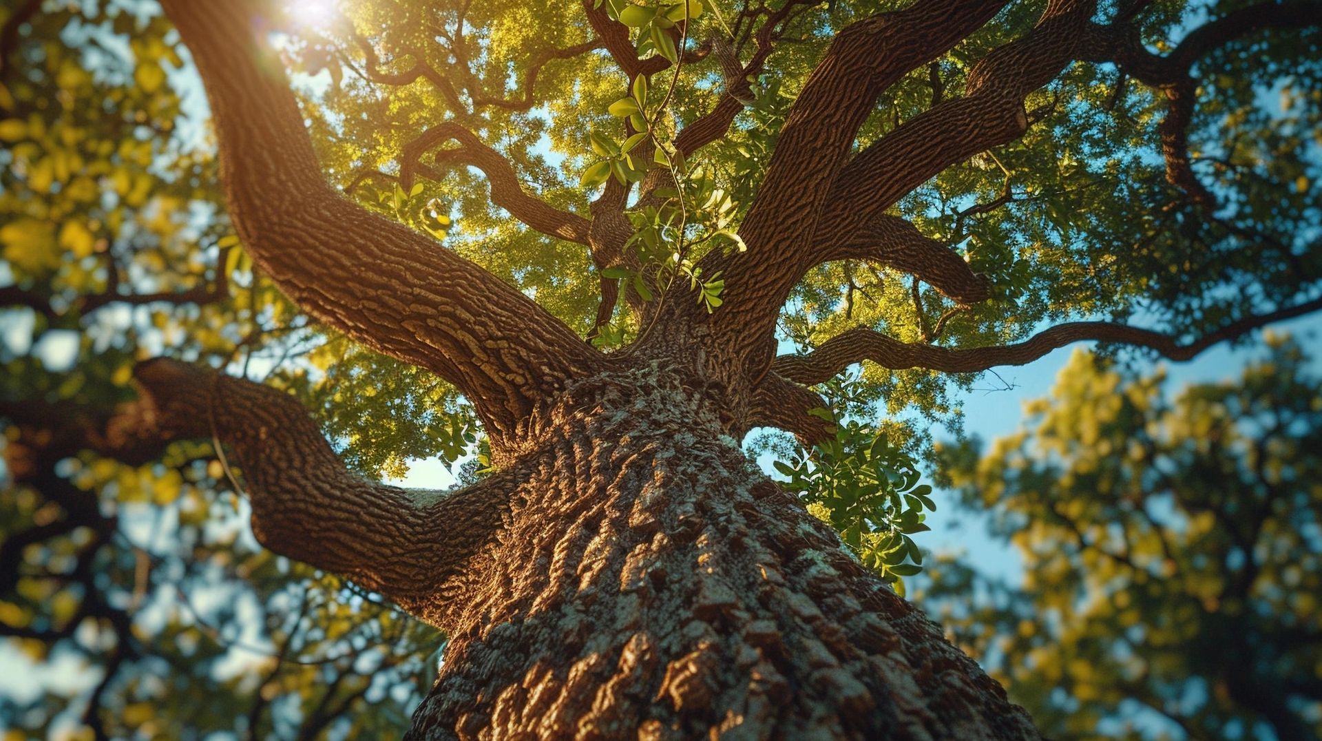 Sunlight streams through a large oak tree, viewed from below, with textured bark and green leaves.