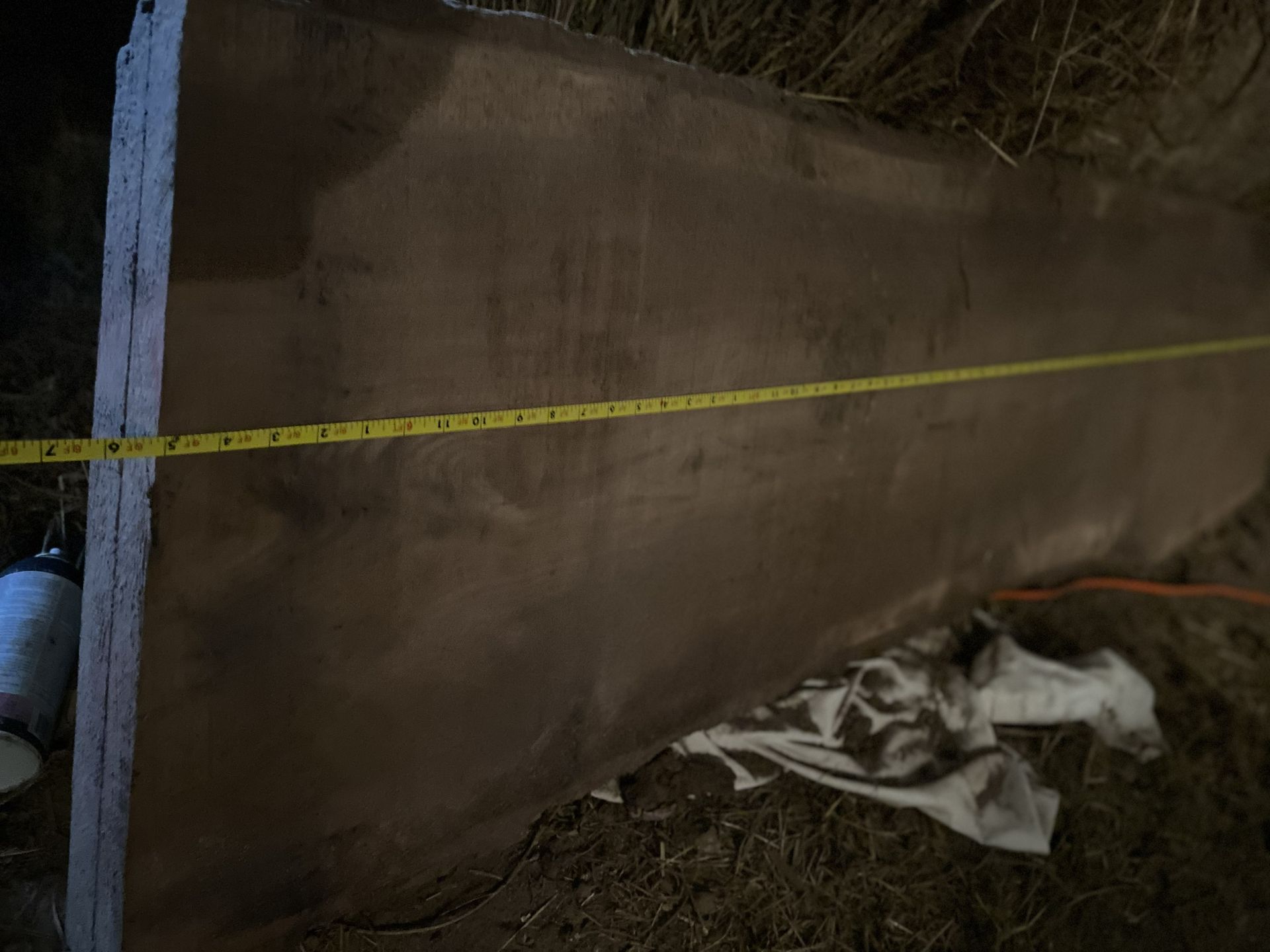 Brown slab of wood with tape measure along length, sitting in a dark, earthy setting.