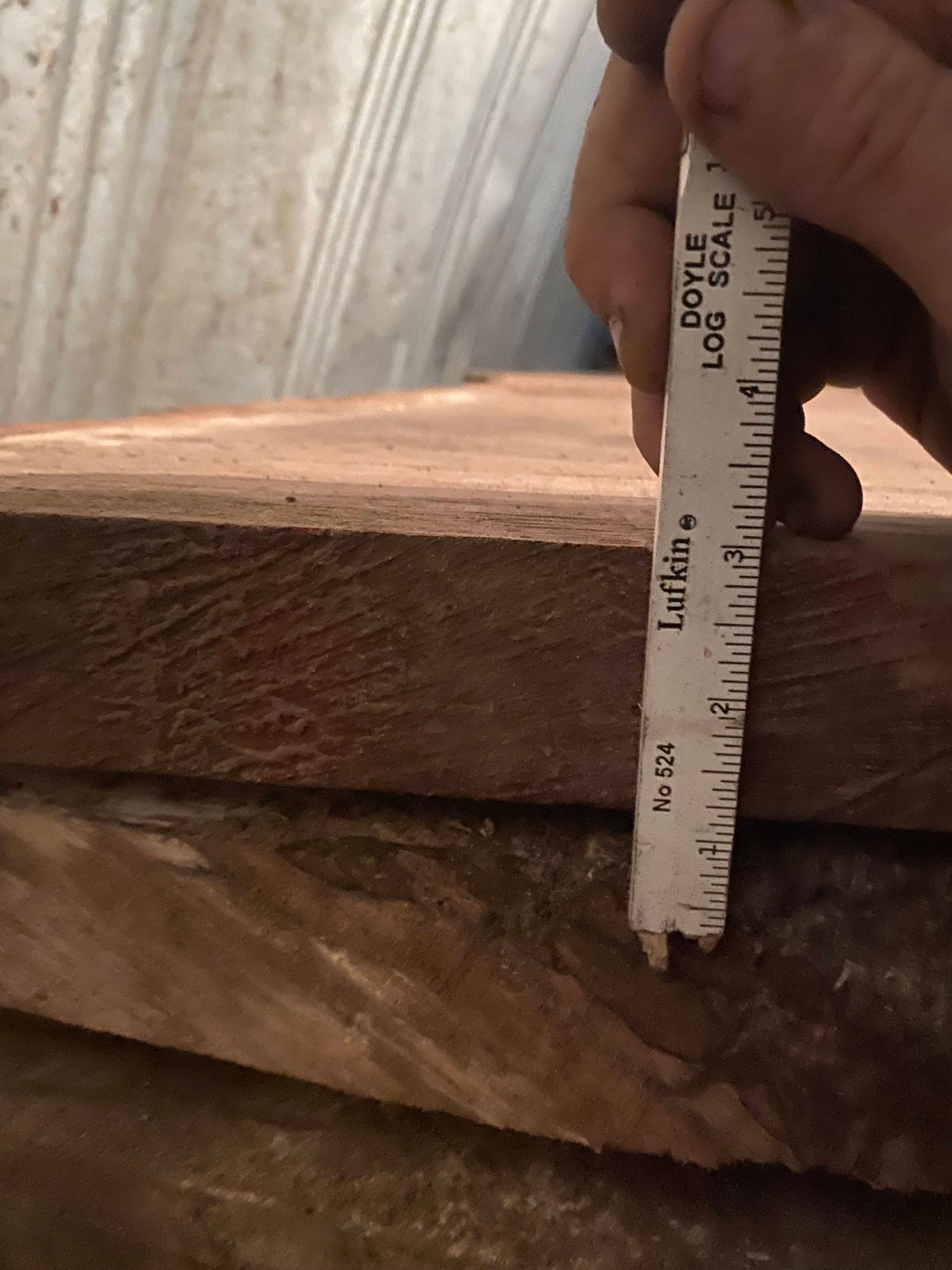 A hand holds a Doyle log scale ruler, measuring the edge of a wood board.