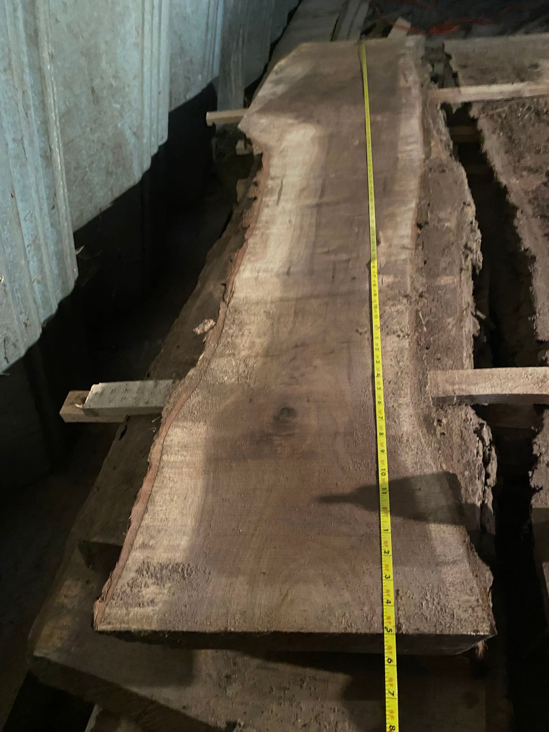 A long, dark brown live edge wood slab with a yellow measuring tape laid across it.