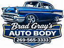 Blue classic car logo for Brad Gray’s Auto Body with phone number 269-565-3333