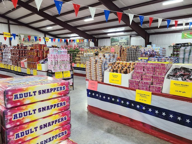 PJs Firework Interior Store with different firework products on display and for sale.