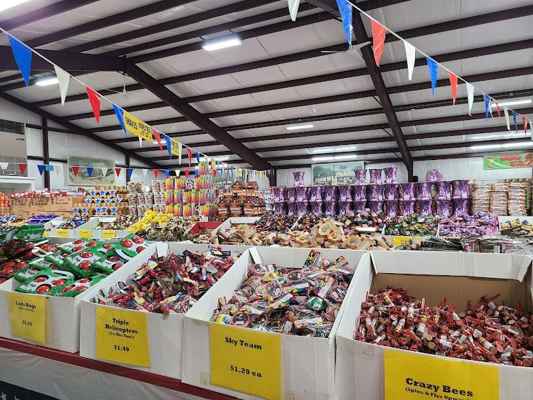 PJs Firework Interior Store with different firework products on display and for sale.