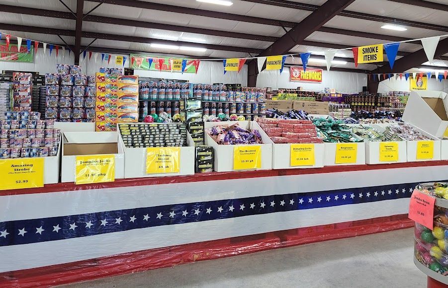 PJs Firework Interior Store with different firework products on display and for sale.