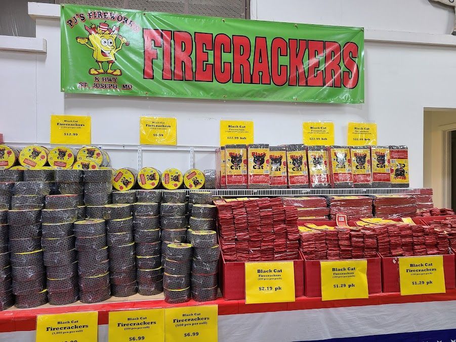 PJs Firework Interior Store with different firework products on display and for sale.
