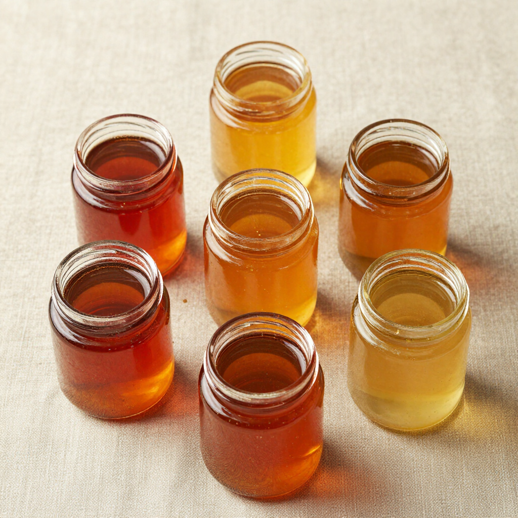 Five BeeHunt single-origin honey varieties in varying amber tones