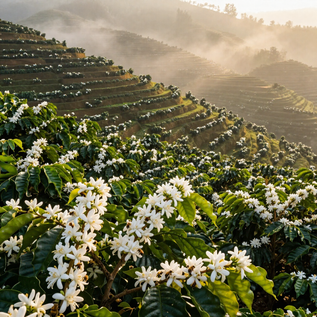 Coffee plantation in bloom Central Highlands Vietnam bees foraging