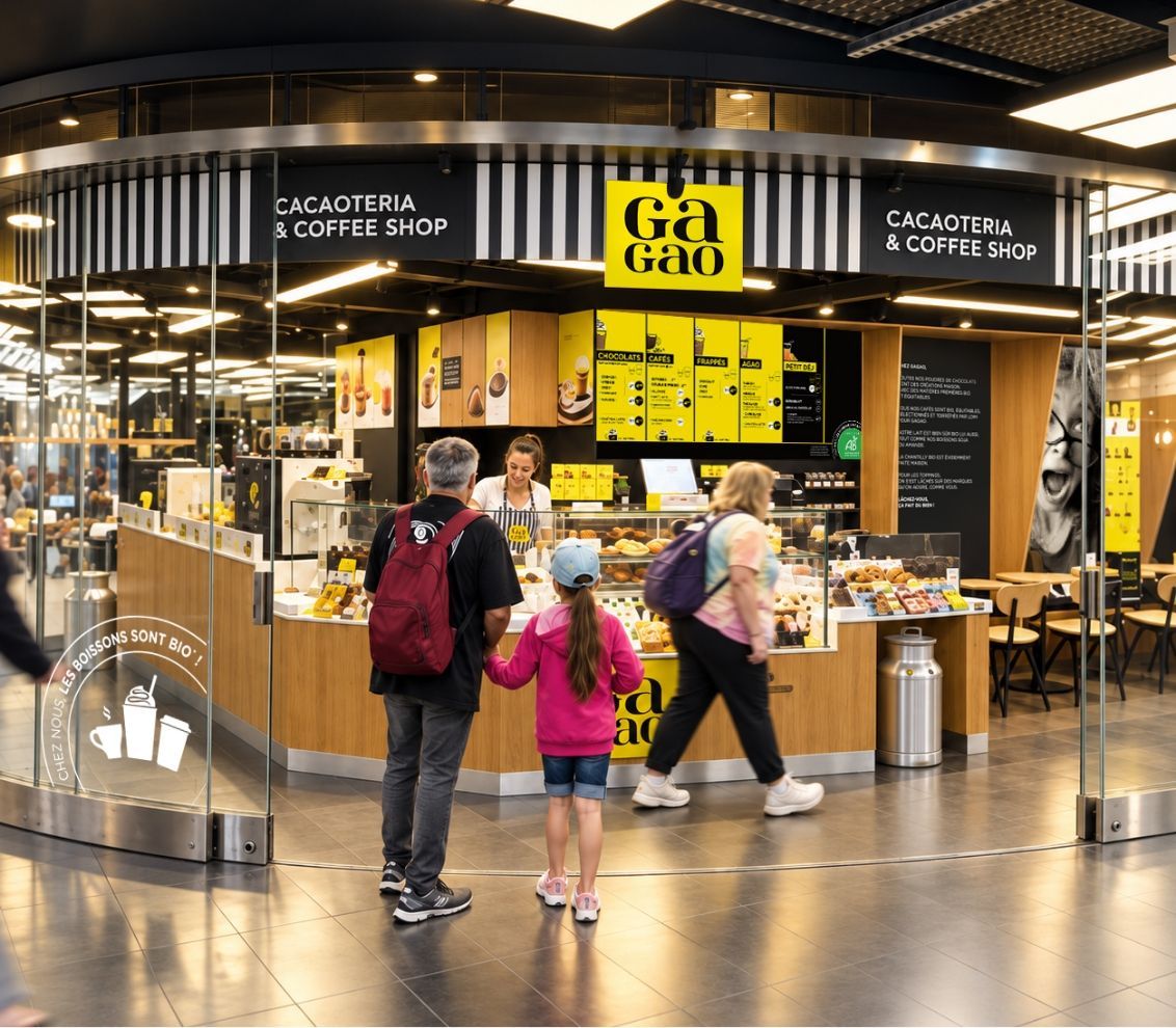Cellule Gagao dans la station de métro Châtelet les Halles, portes vitrées et zone de restauration.