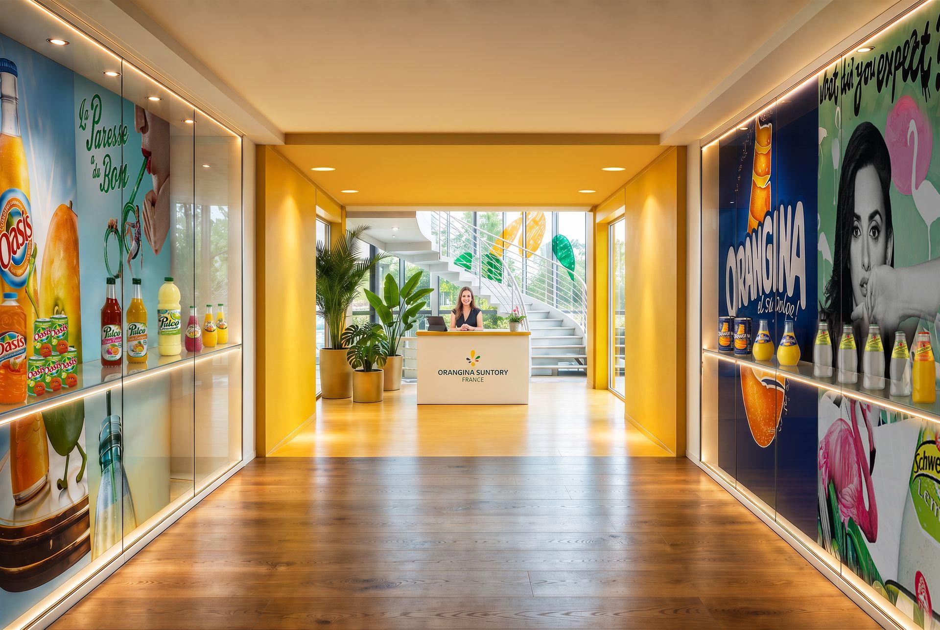 Accueil Orangina suntory France,avec vitrine des produits et comptoir jaune.