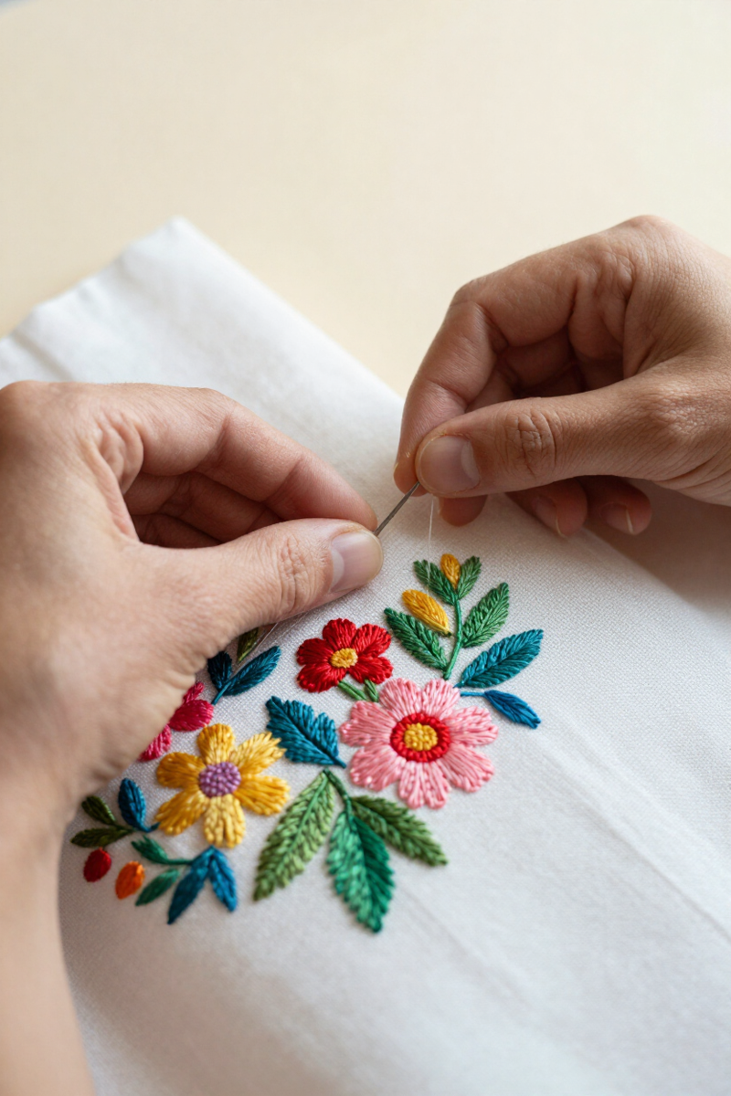 Manos bordando un colorido diseño floral sobre tela blanca.