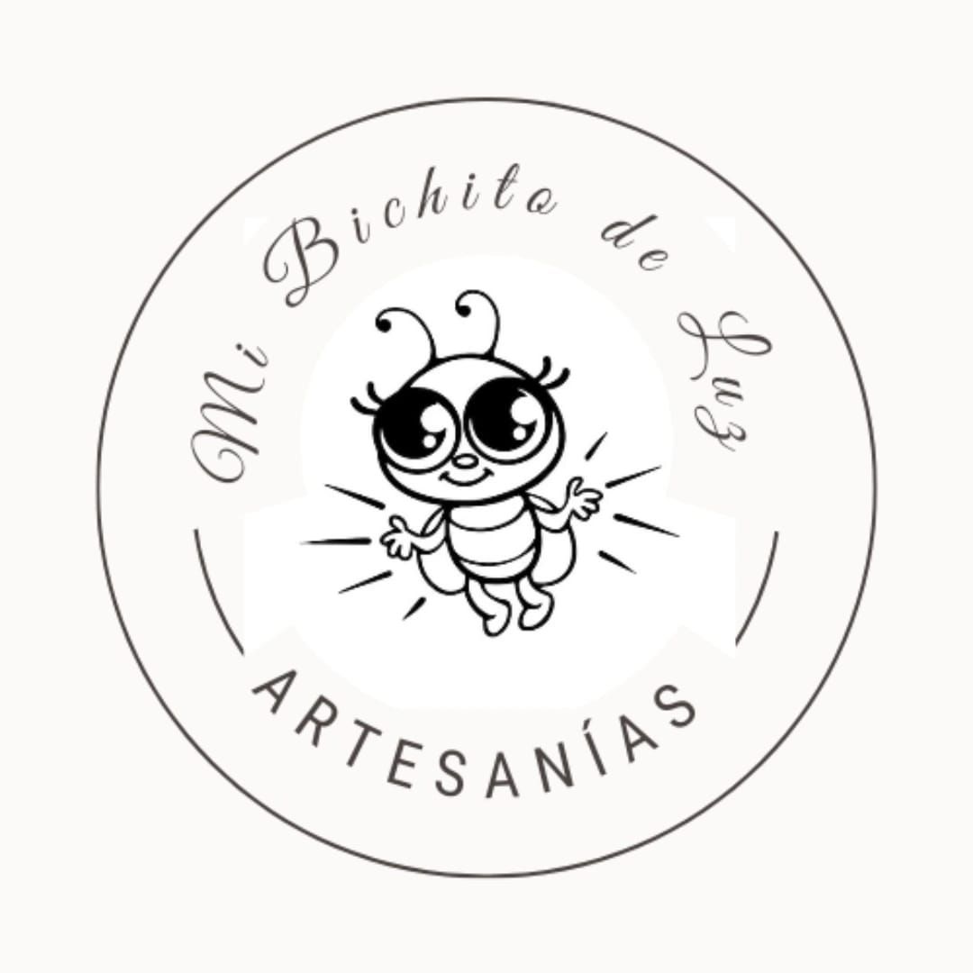 Black-and-white circular logo reading “Mi bichito de luz ARTESANIAS” with a cute bee mascot.