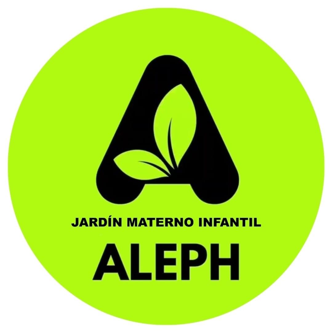 Logotipo verde brillante para Jardín Materno Infantil ALEPH con un icono de una “A” negra en forma de hoja.