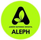 Logotipo verde neón con el texto “ALEPH” en negro y un símbolo de hoja, etiquetado como “Jardín Materno Infantil”.