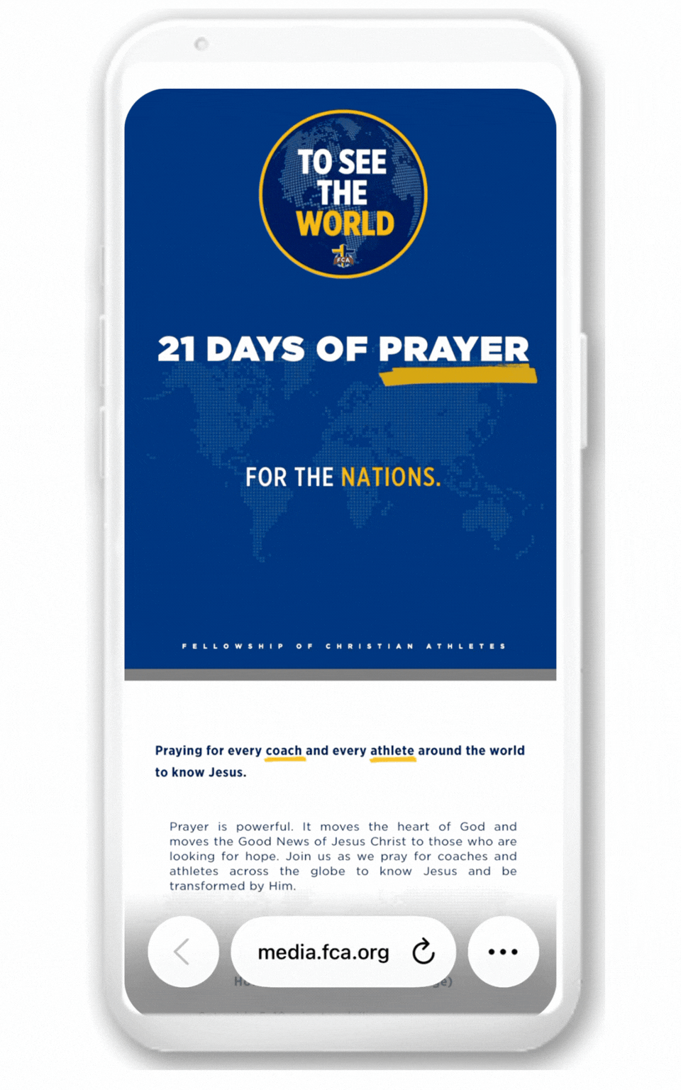 Smartphone screen showing a blue “21 Days of Prayer for the Nations” devotional page.