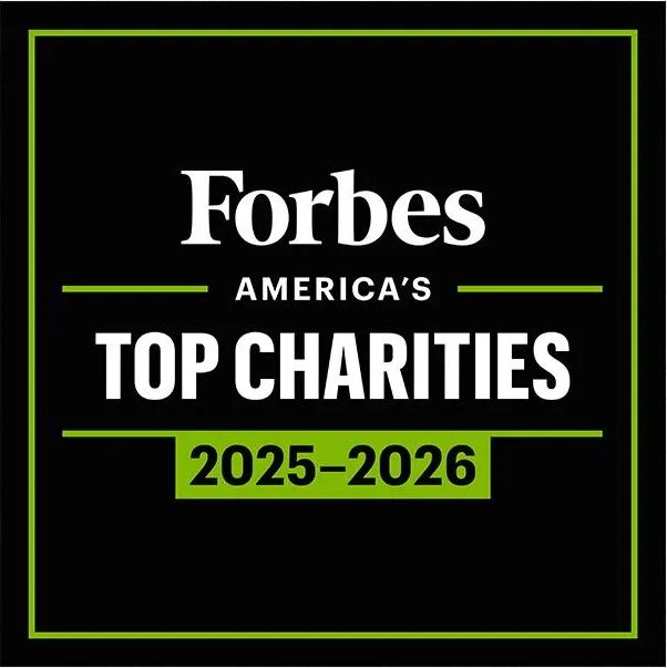 Forbes America’s Top Charities 2025-2026 logo in white and green on a black background