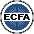 ECFA logo: black letters on white banner over blue circle with white rays and black border