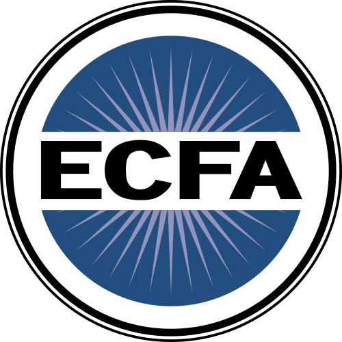 ECFA logo: black letters on white banner over blue circle with white rays and black border