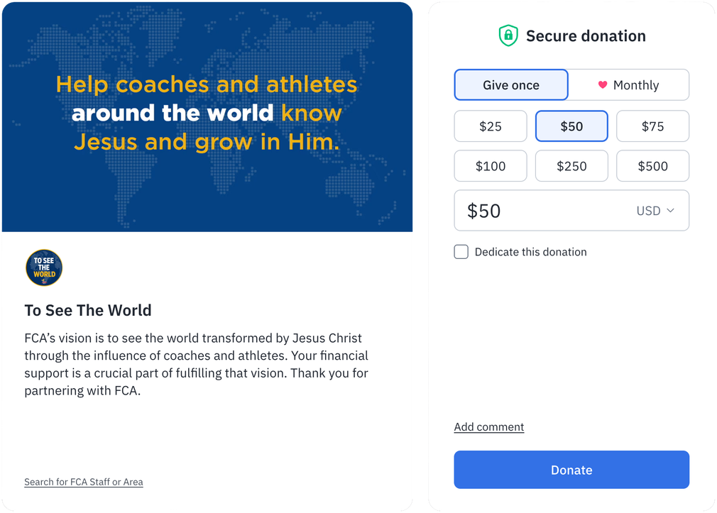 Donation form with blue banner reading “Help coaches and athletes around the world know Jesus and grow in Him.”