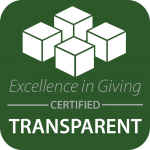 Green certified transparent badge with white gift boxes and the text “Excellence in Giving”