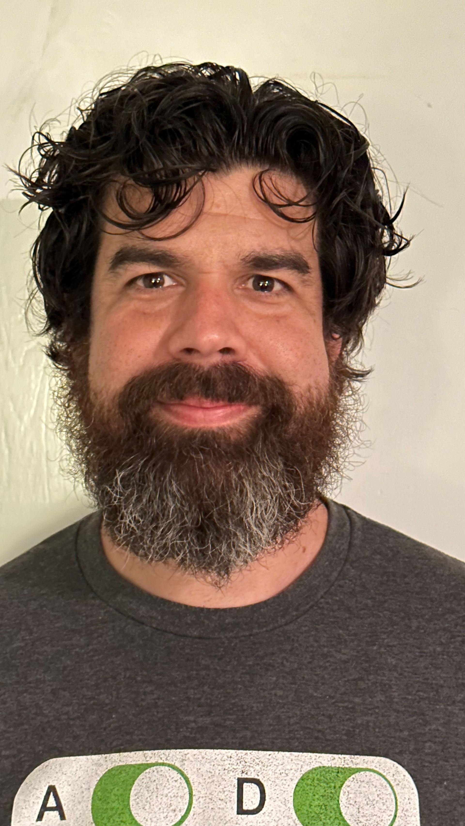 Man with curly dark hair and full salt and pepper beard smiles, wearing a grey t-shirt.