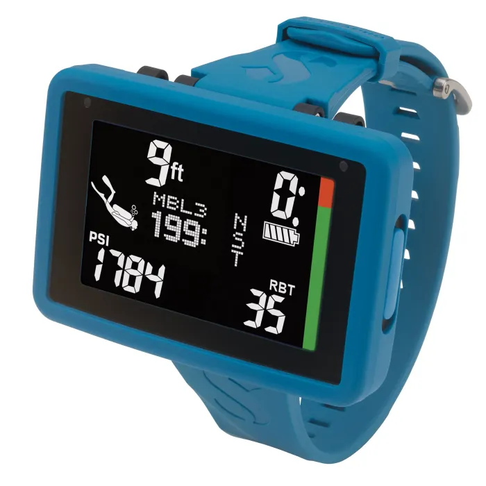 Blue dive computer watch displaying depth, pressure, and remaining bottom time.