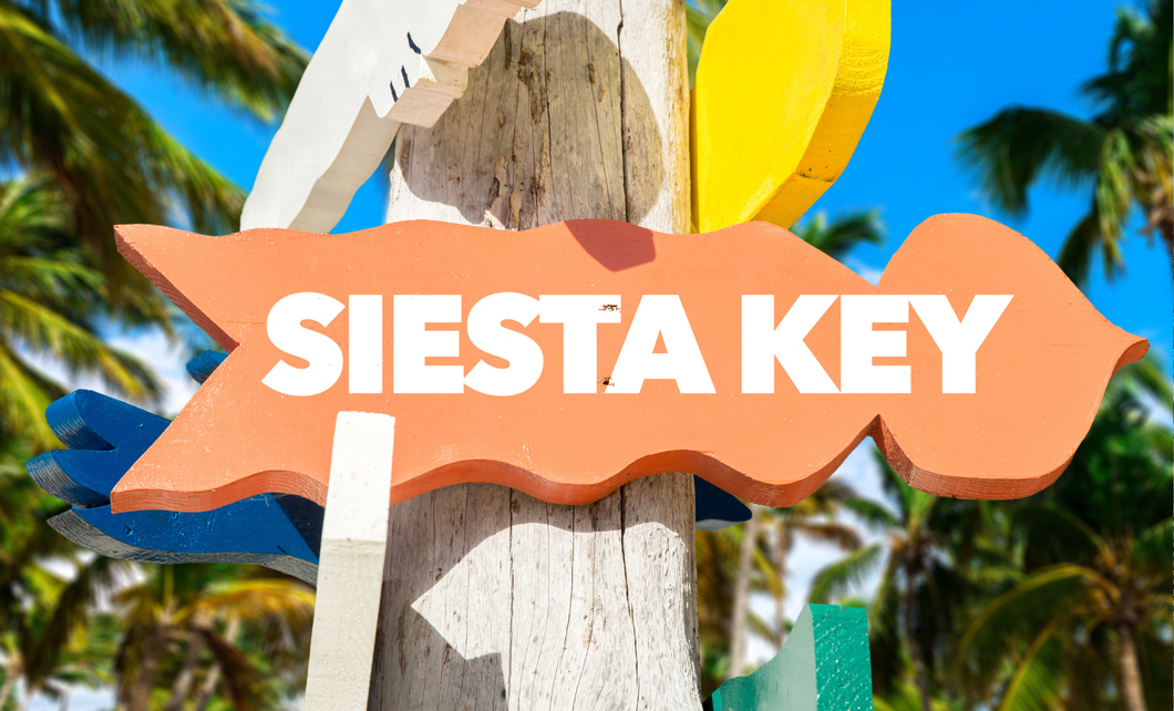 A sign that says siesta key on a wooden post with palm trees in the background.