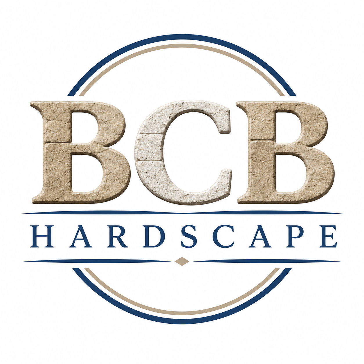 BCB Hardscape logo in beige and blue with circular outline