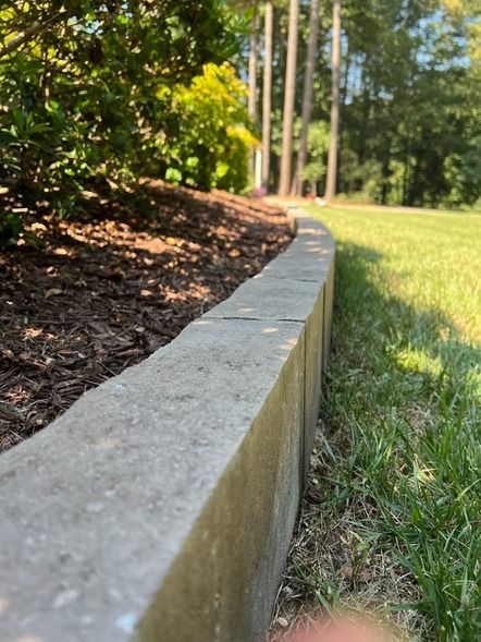 Curved concrete landscape edging beside mulch, grass, and trees in bright sunlight