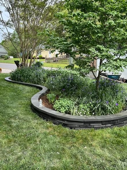 Curved stone garden bed with shrubs and a tree beside a grassy lawn in a suburban yard