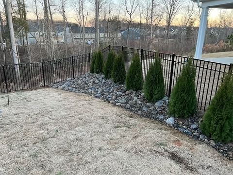 Backyard with frosty lawn, rock border, and evergreen shrubs along a black metal fence