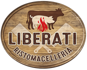Insegna ovale in legno per Liberati Ristomacelleria con logo raffigurante mucca, maiale e fiamma.