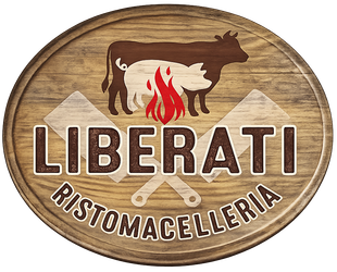 Insegna ovale in legno per Liberati Ristomacelleria con logo raffigurante mucca, maiale e fiamma.
