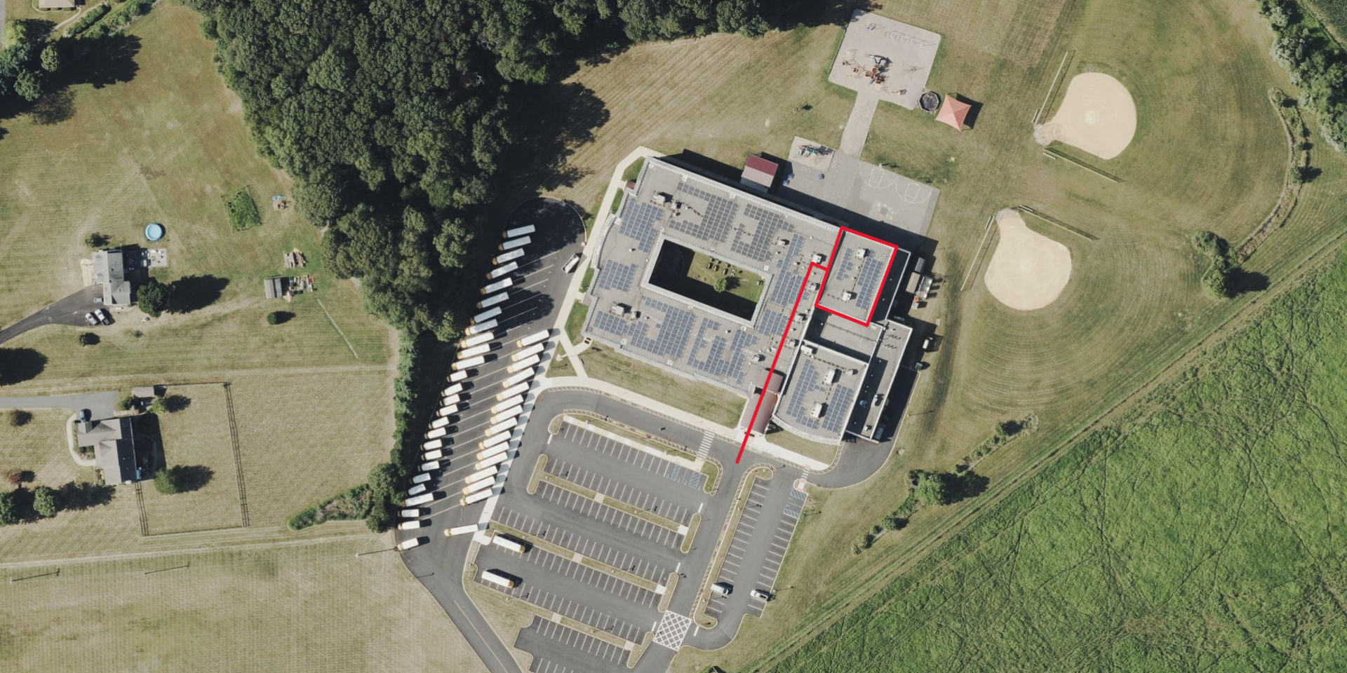 Overhead view of Benedict A. Cucinella School showing where gym is located in school