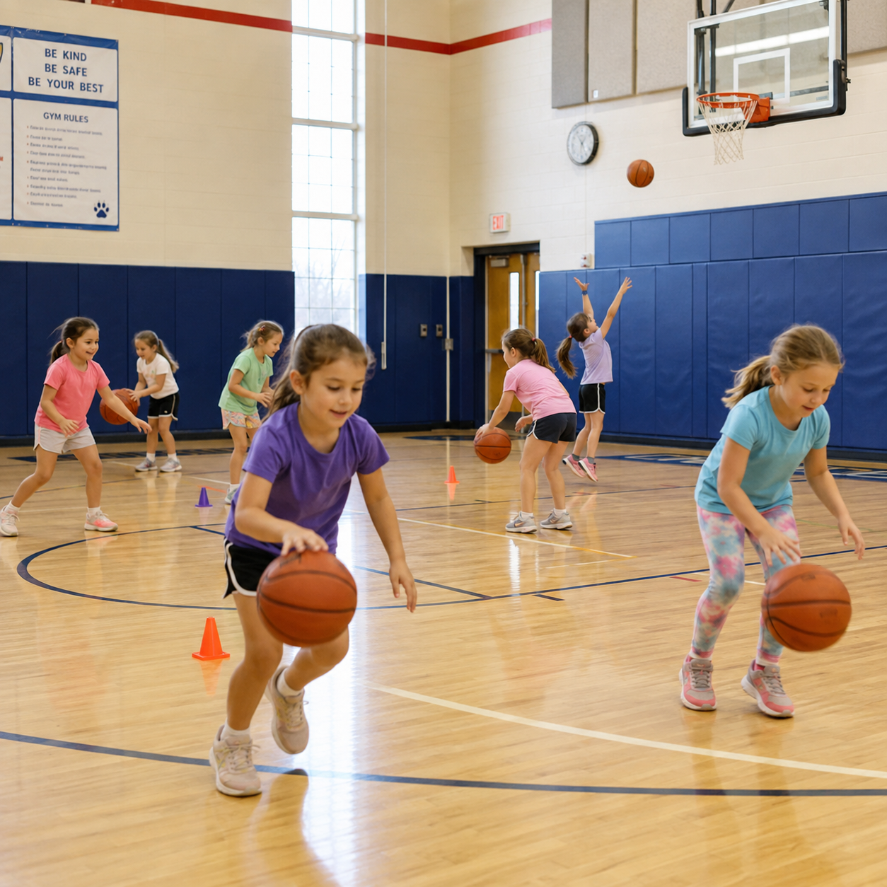 Young girls practicing basketball skills in a school gym