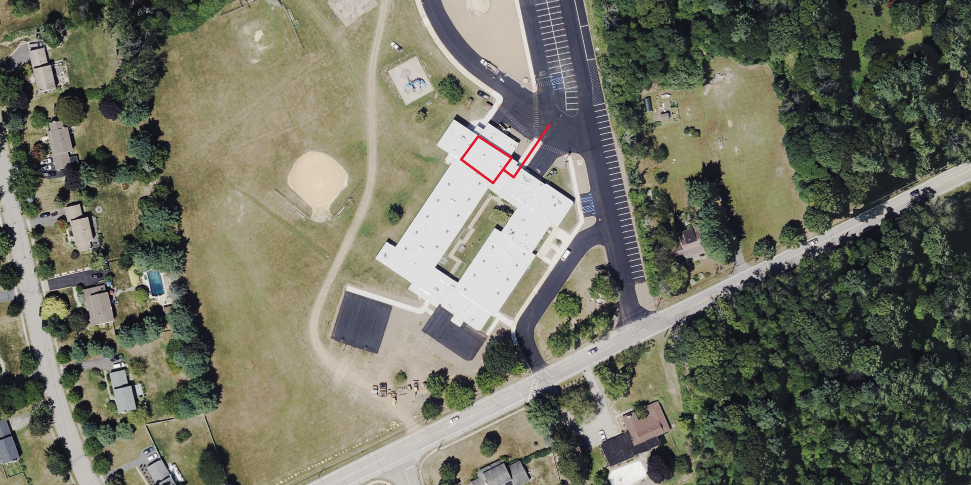 Overhead view of Flocktown Road School showing where gym is located in school